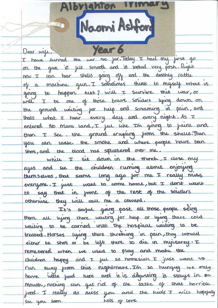 Naomi Ashford's letter, Albrighton Primary School