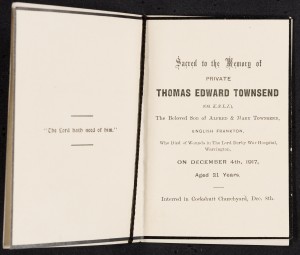 Memorial card for Private Thomas Edward Townsend. Dec 1917.
